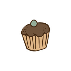 Chocolate muffin cake - simple food drawing isolated on white background.