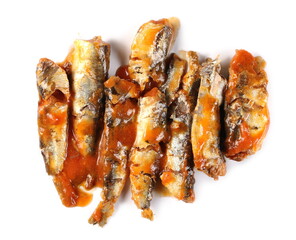 Cooked sardines in oil with tomato sauce isolated on white background, top view