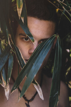 a young man hiding in the bushes, summer