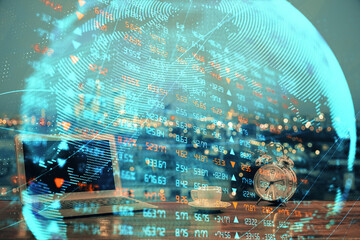 Multi exposure of business theme icons and table with computer background. Concept of success.