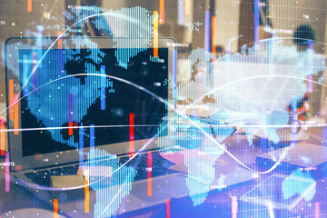 Fototapeta premium Multi exposure of business theme icons and table with computer background. Concept of success.