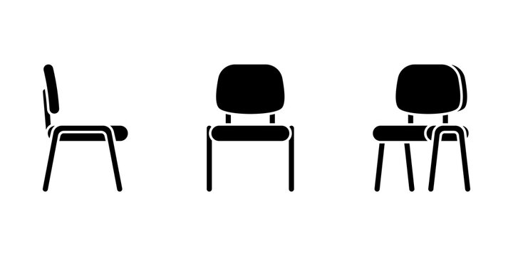 Isolated flat style office chair vector illustration icon pictogram set. Front, side view silhouette on white