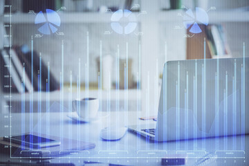 Double exposure of forex graph and work space with computer. Concept of international online trading.