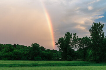 rainbow and clouds over field