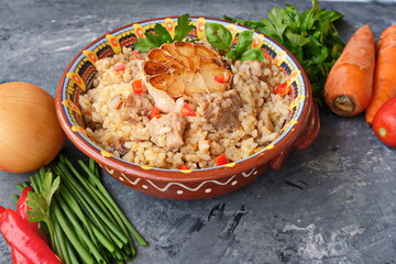 .A Plate Of Pilaf, Traditional Turkish Spicy Dishes With Rice, Roasted Meat, Carrots, Onions And Parsley.
