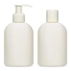 Cosmetic bottle package. Cream, lotion, shampoo product pack blank. Plastic template of 3d container for shower gel or soap. Pump dispenser jar for moisturizer balm. Realistic object design