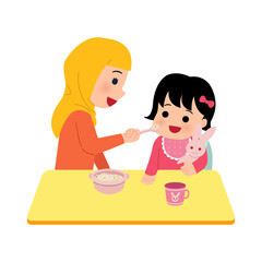 Hijab mom feeding her baby daughter. Mother give nutritious porridge to toddler. Flat vector parenting clip art isolated on white background.