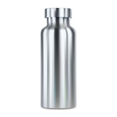 Stainless steel water bottle mockup. Reusable thermo flask, 3d illustration. Outdoor sport product blank for your brand promotion. Aluminum canister sample with cap. Empty fitness can