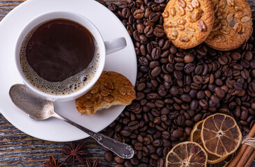 Aromatic freshly brewed coffee drink in a white ceramic cup.