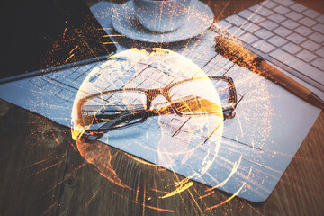 Social network theme drawing with glasses on the table background. Concept of people media connection. Double exposure.