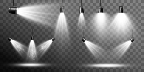 Collection of spotlights on a transparent background. Lighting equipment for highlighting various events and places.