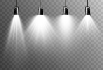 Collection of spotlights on a transparent background. Lighting equipment for highlighting various events and places.