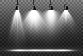 Collection of spotlights on a transparent background. Lighting equipment for highlighting various events and places.