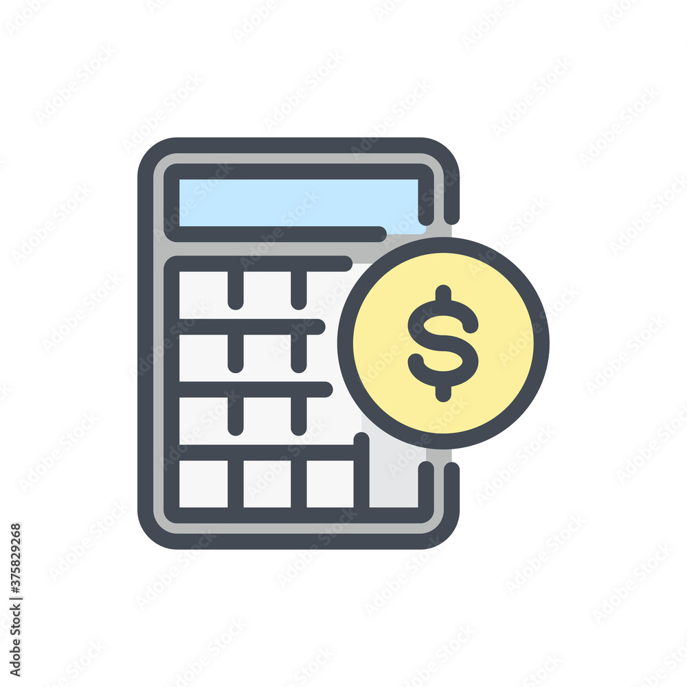 Poster calculator with dollar coin color line icon. accounting vector outline colorful sign.