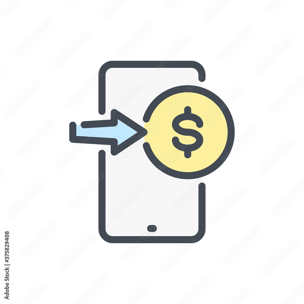 Poster mobile phone with dollar coin and arrow color line icon. send money vector outline colorful sign.