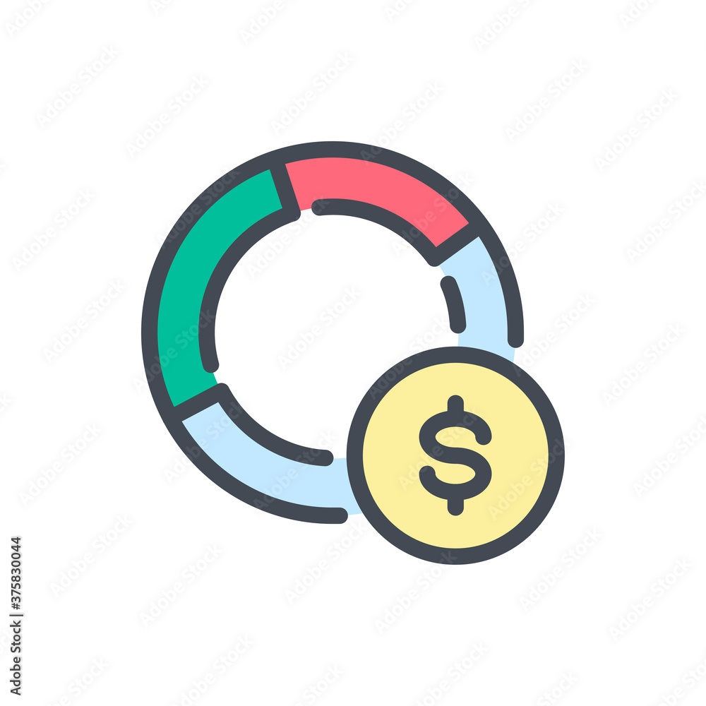 Poster finance report and statistics color line icon. dollar coin with pie chart vector outline colorful si