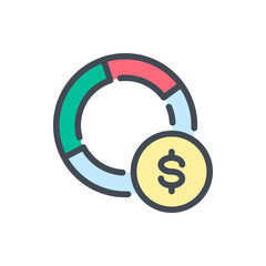 Finance Report and Statistics color line icon. Dollar coin with Pie Chart vector outline colorful sign.