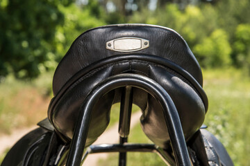 Back view of black leather saddle against blurred natural background.