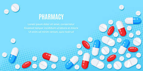Flat style banner with medical drugs, tablets and pills