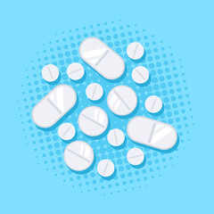 Flat style banner with medical drugs, tablets and pills
