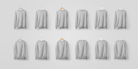 Mockup sweatshirt hanging on different hangers, hoodie heather isolated on background.