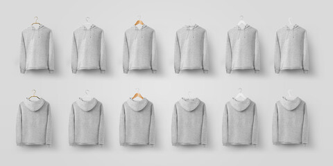 Heather hoodie template hanging on different hangers, blank pullover for design and logo...
