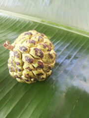 Custard apple placed isolated on a banana leaf.