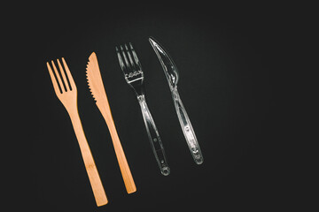 Eco friendly bamboo cutlery set isolated background. Zero waste concept. wooden travel cutlery set, copyspace, flatlay 