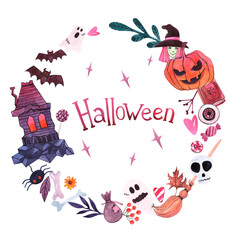 Watercolor wreath on a halloween theme with an inscription and different elements on a white background. Scary house, pumpkin, bats, spiders, bones, ghosts, broom and other items.