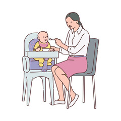 Babysitter or nanny character feeding baby, sketch vector illustration isolated.