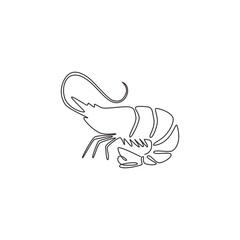 Single continuous line drawing of big shrimp for healthy seafood logo identity. Prawn mascot concept for Chinese restaurant icon. One line draw graphic design vector illustration