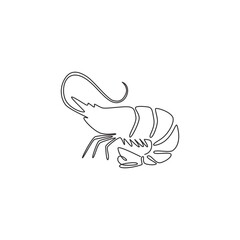 Obraz premium Single continuous line drawing of big shrimp for healthy seafood logo identity. Prawn mascot concept for Chinese restaurant icon. One line draw graphic design vector illustration