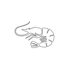 One continuous line drawing of fresh shrimp for seafood logo identity. Prawn mascot concept for Chinese restaurant icon. Single line draw design vector graphic illustration