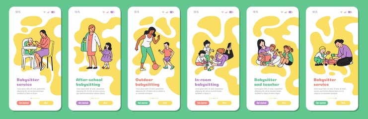 Naklejka na ściany i meble Child babysitter app banner set with cartoon nanny women and kids