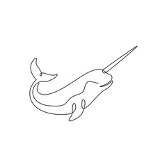 One continuous line drawing of cute narwhal with tusk for marine company logo identity. Unique narwhale mascot concept for fairy creature icon. Single line draw design vector graphic illustration © Simple Line