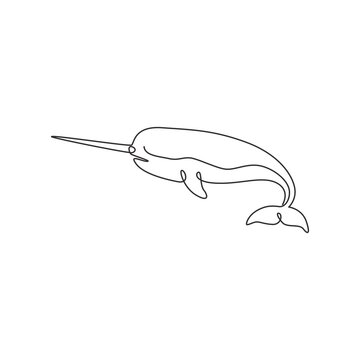 recommend clip art: Single continuous line drawing of adorable narwhal for logo identity. Narwhale animal mascot concept for magical creature icon. One line draw design vector graphic illustration