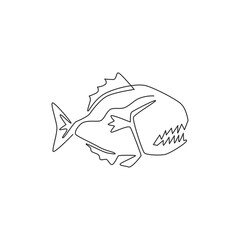 One continuous line drawing of dangerous piranha for logo identity. Monster fish mascot concept for dangerous river sign icon. Single line draw design vector graphic illustration