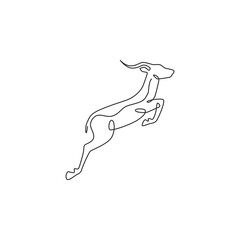 One continuous line drawing of adorable jumping antelope for company logo identity. Horned agile gazelle mascot concept for safari park icon. Single line draw graphic design vector illustration - obrazy, fototapety, plakaty