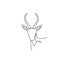One single line drawing of beauty antelope head for logo identity. Horned mammal animal mascot concept for national conservation park icon. Continuous line draw design vector graphic illustration © Simple Line