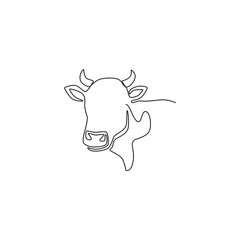 Single continuous line drawing of plump cow head for farming logo identity. Mammal animal mascot concept for livestock icon. One line graphic draw design vector illustration