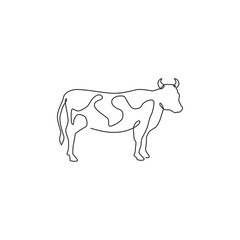 One single line drawing of fat cow for husbandry logo identity. Mammal animal mascot concept for livestock icon. Continuous line draw design graphic vector illustration