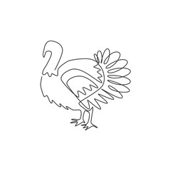 One single line drawing of big turkey for poultry logo identity. Fowl bird mascot concept for farming icon. Modern continuous line draw design vector graphic illustration