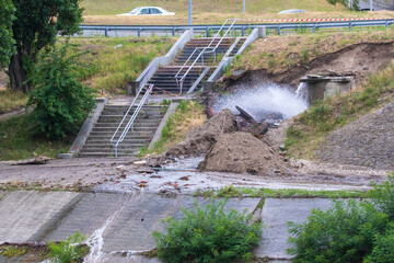 Accident sewerage system. Water supply failure. Breakthrough of the water supply system. A fountain...