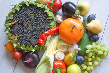 Fresh farmers market fruit and vegetable from above with copy space