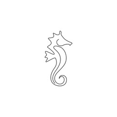 One continuous line drawing of adorable sea horse for logo identity. Little sea monster creature mascot concept for sea world icon. Modern single line draw design vector illustration © Simple Line