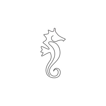 One continuous line drawing of adorable sea horse for logo identity. Little sea monster creature mascot concept for sea world icon. Modern single line draw design vector illustration