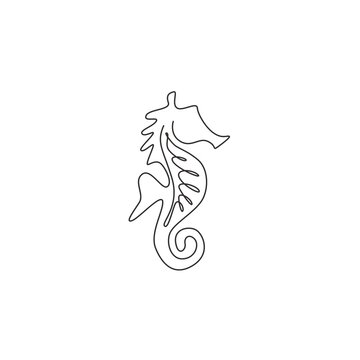 One single line drawing of cute sea horse for aquatic logo identity. Sea monster animal mascot concept for national zoo icon. Modern continuous line draw design vector illustration