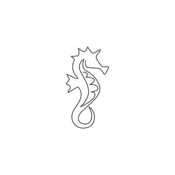 Single continuous line drawing of sea horse for marine logo identity. Tiny hippocampus animal mascot concept for aquarium show icon. Modern one line draw design vector illustration