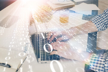 Multi exposure of tech drawings with man working on computer background. Concept of innovation.