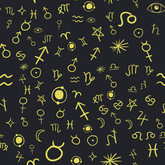 Zodiac signs seamless pattern. Hand drawn horoscope astrology symbols, grunge textured design, typography print, vector illustration.